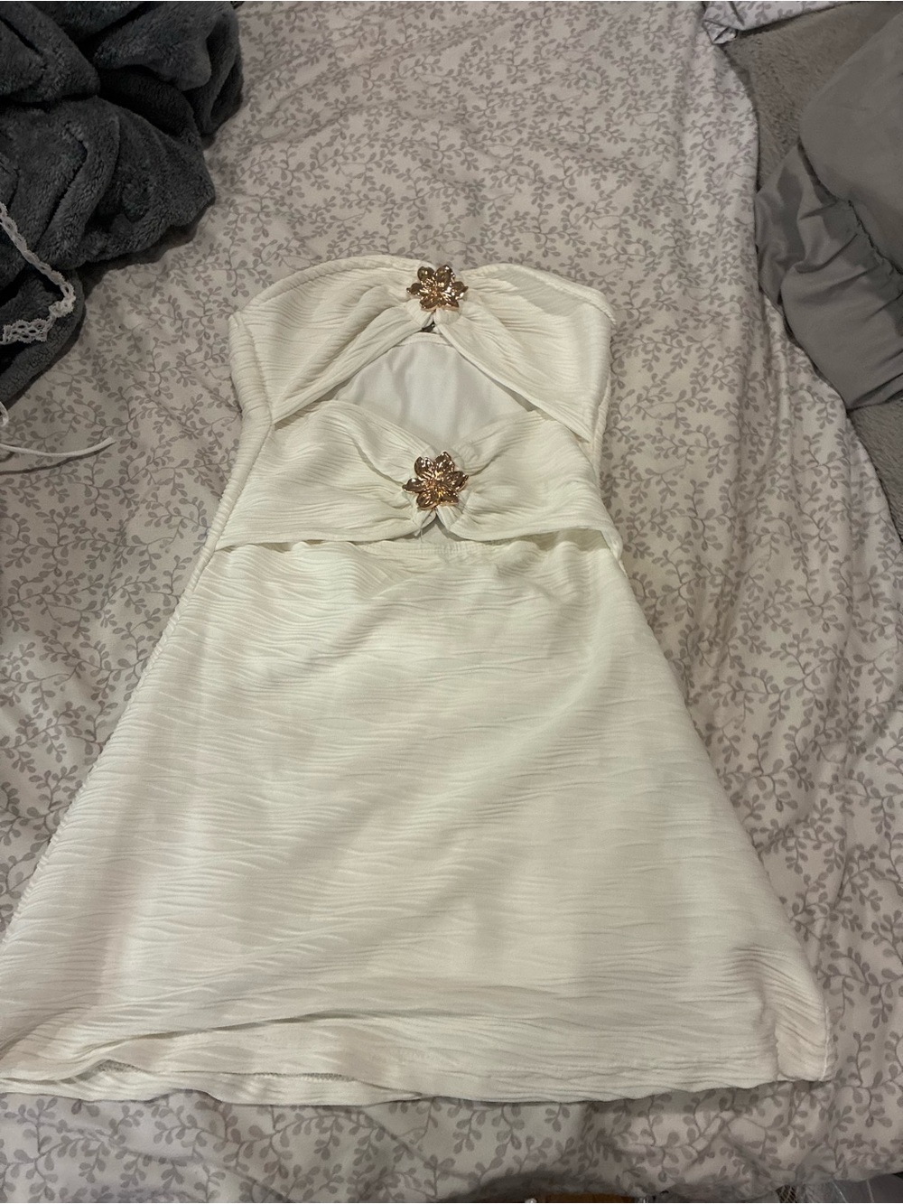SHEIN Strapless Cream Dress with Gold Floral Accents